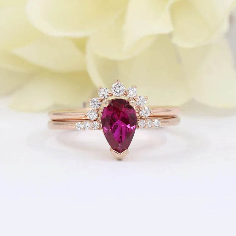 14K LAB RUBY RING DIAMOND CROWN BAND 2 RING SET