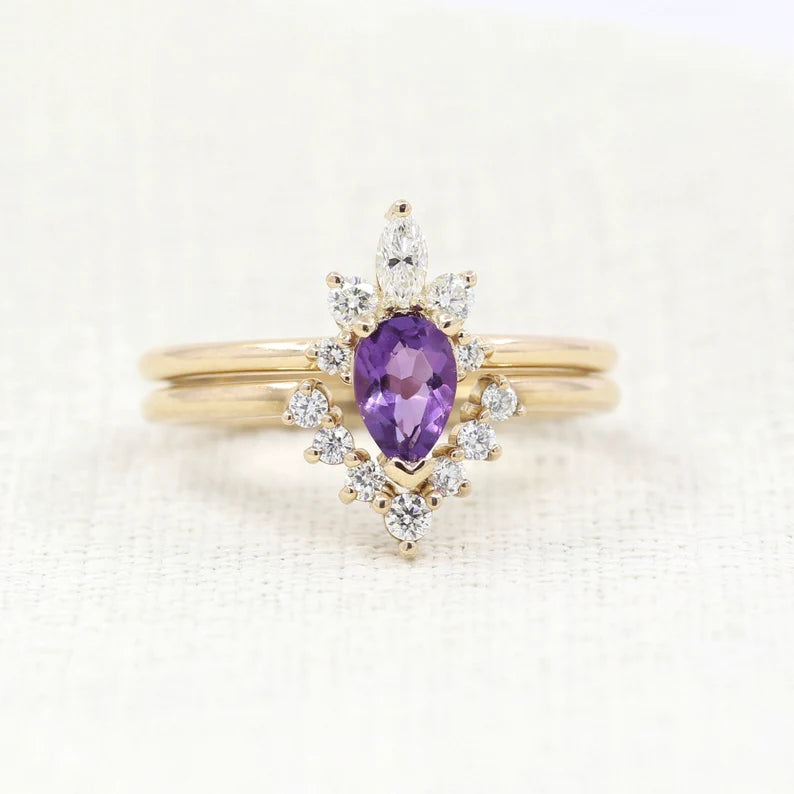 14K AMETHYST CROWN RING DIAMOND V BAND SET