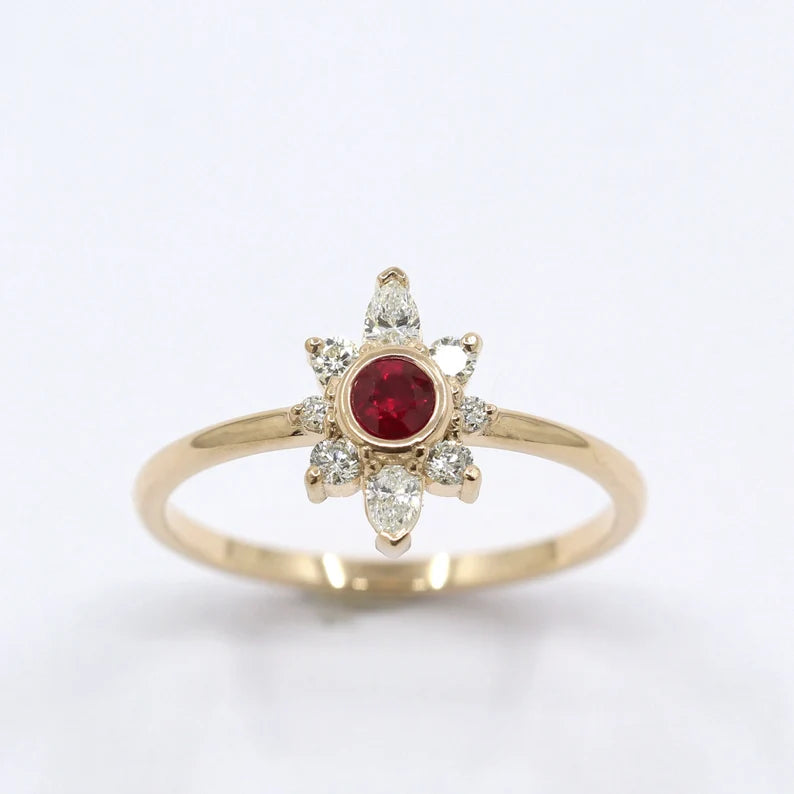 14K RUBY BEZEL DIAMOND FLOWER RING