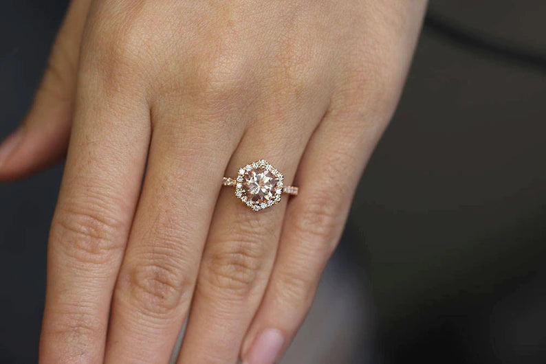 14K MORGANITE DIAMOND HALO HEXAGON RING