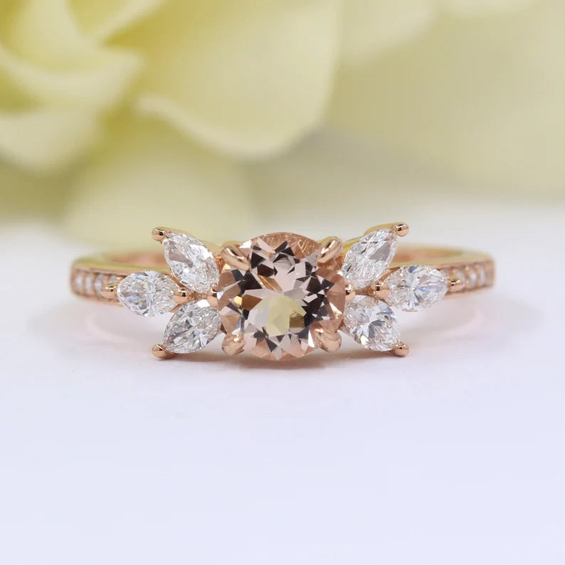 14K MORGANITE MARQUISE DIAMOND CLUSTER RING