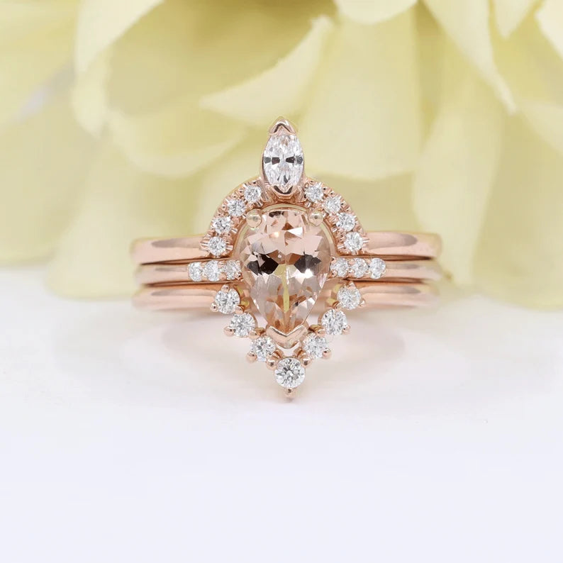14K PEAR MORGANITE RING MARQUISE DIAMOND CROWN U BAND 3 RING SET