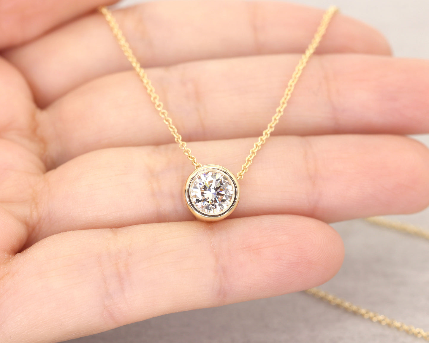 1.0ct Lab Grown Diamond Bezel Necklace / 14k Solid Gold