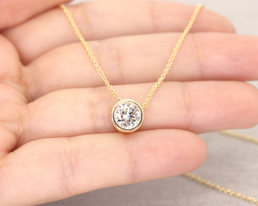 1.0ct Lab Grown Diamond Bezel Necklace / 14k Solid Gold