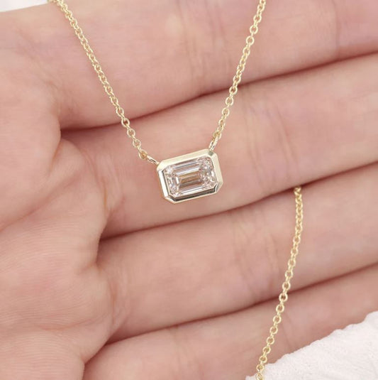 14K 1.0ct Lab Grown Diamond Bezel Necklace / Emerald Cut Diamond Necklace