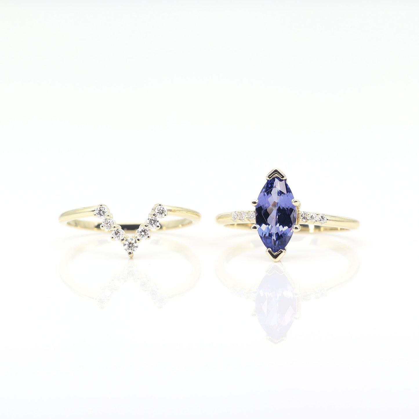 14K MARQUISE TANZANITE RING DIAMOND V BAND 2 RING SET