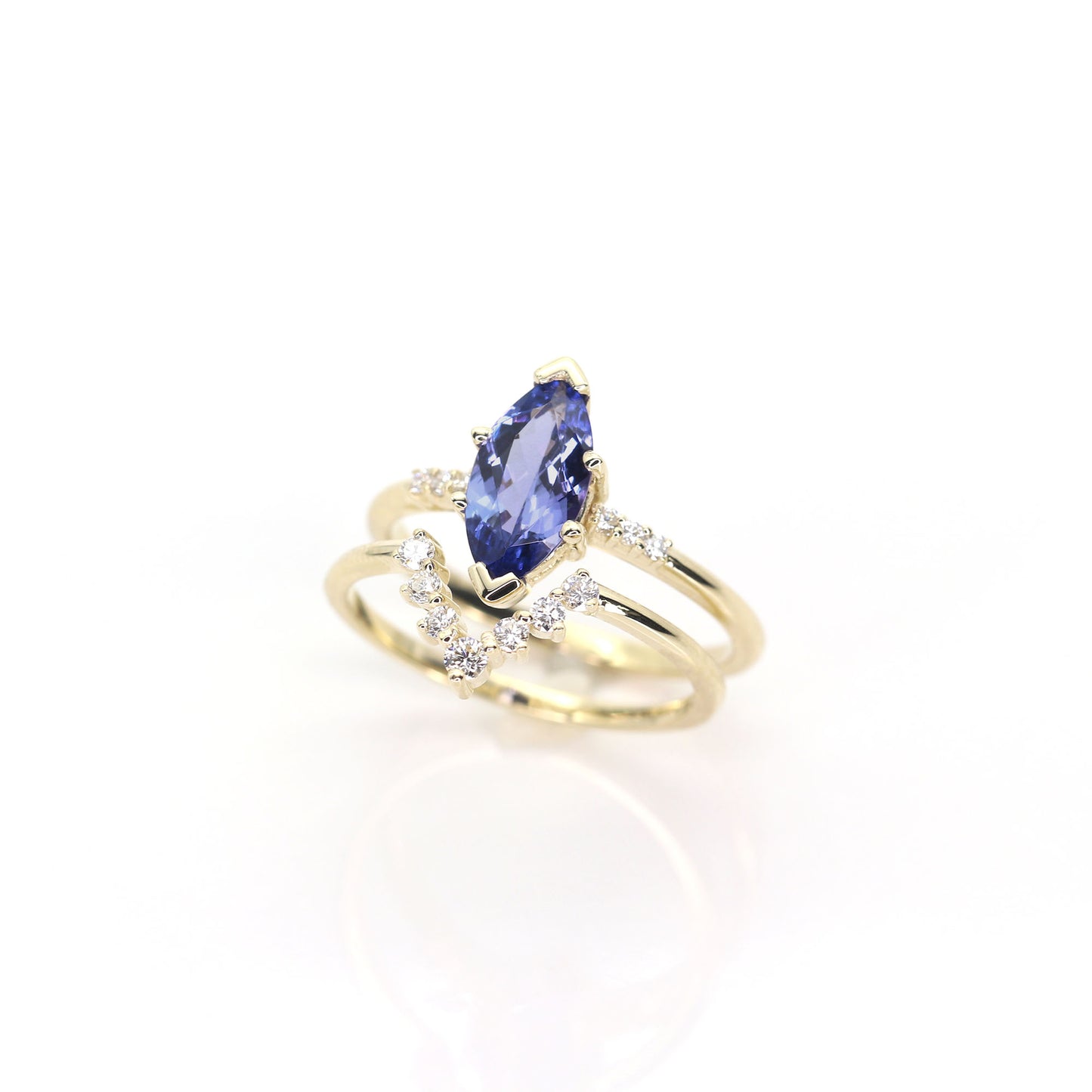 14K MARQUISE TANZANITE RING DIAMOND V BAND 2 RING SET