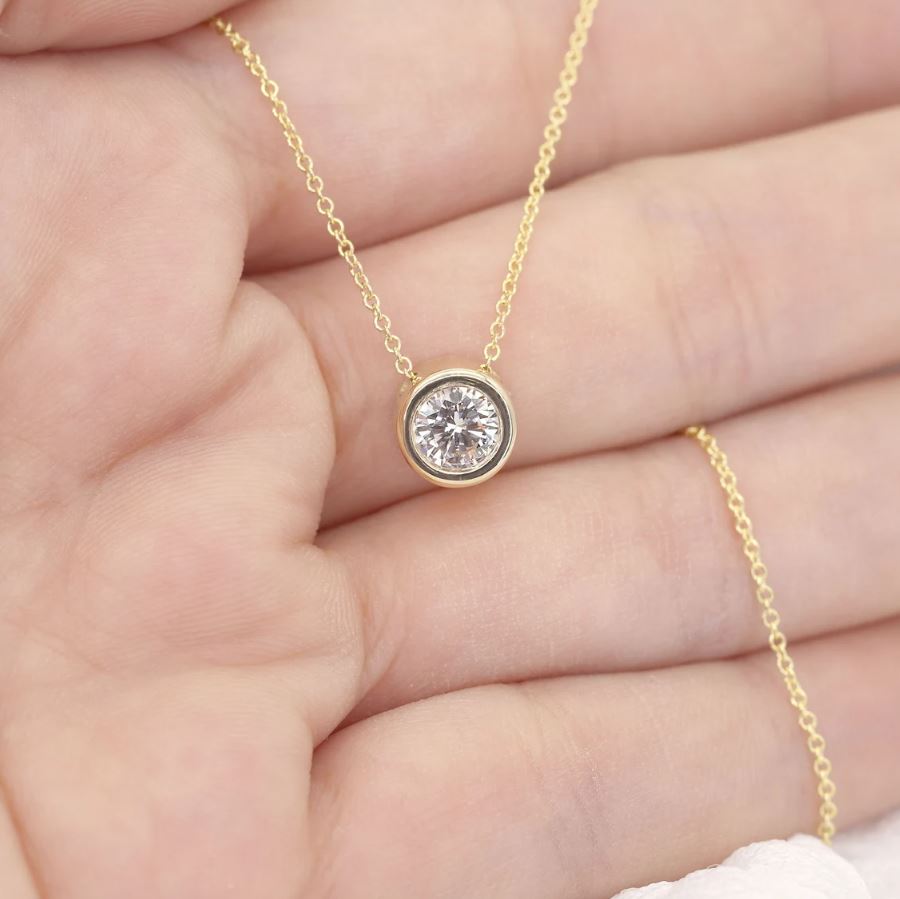 0.5ct Lab Grown Diamond Bezel Necklace / 14k Solid Gold Necklace