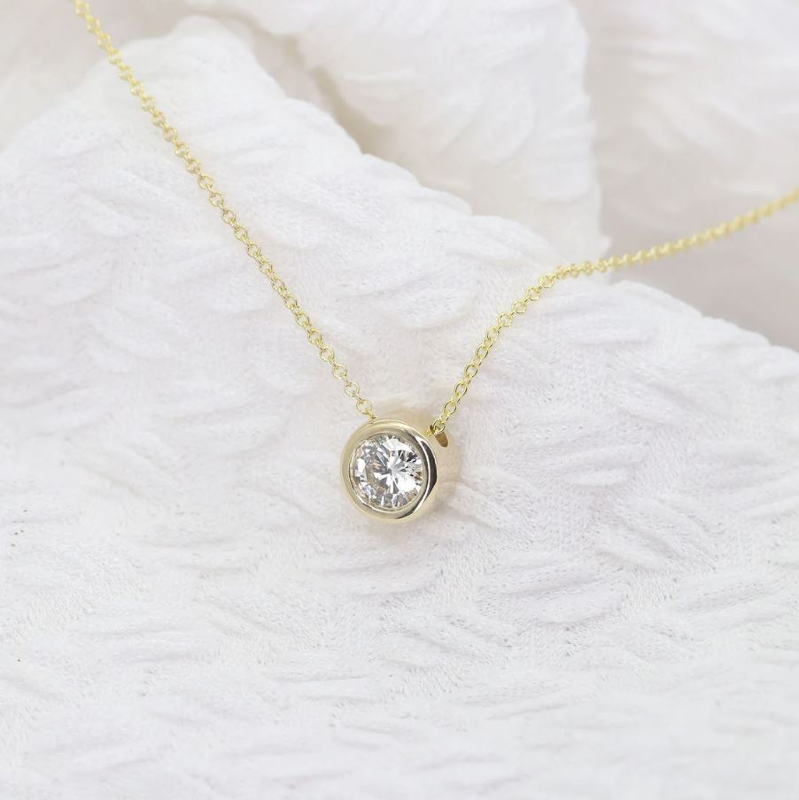 0.5ct Lab Grown Diamond Bezel Necklace / 14k Solid Gold Necklace