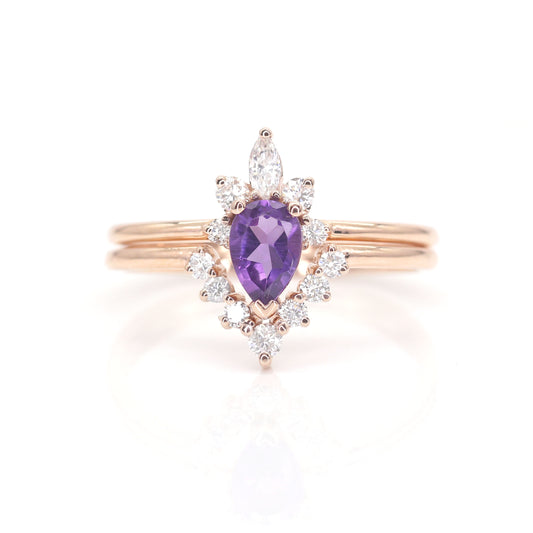 14K AMETHYST CROWN RING DIAMOND V BAND SET