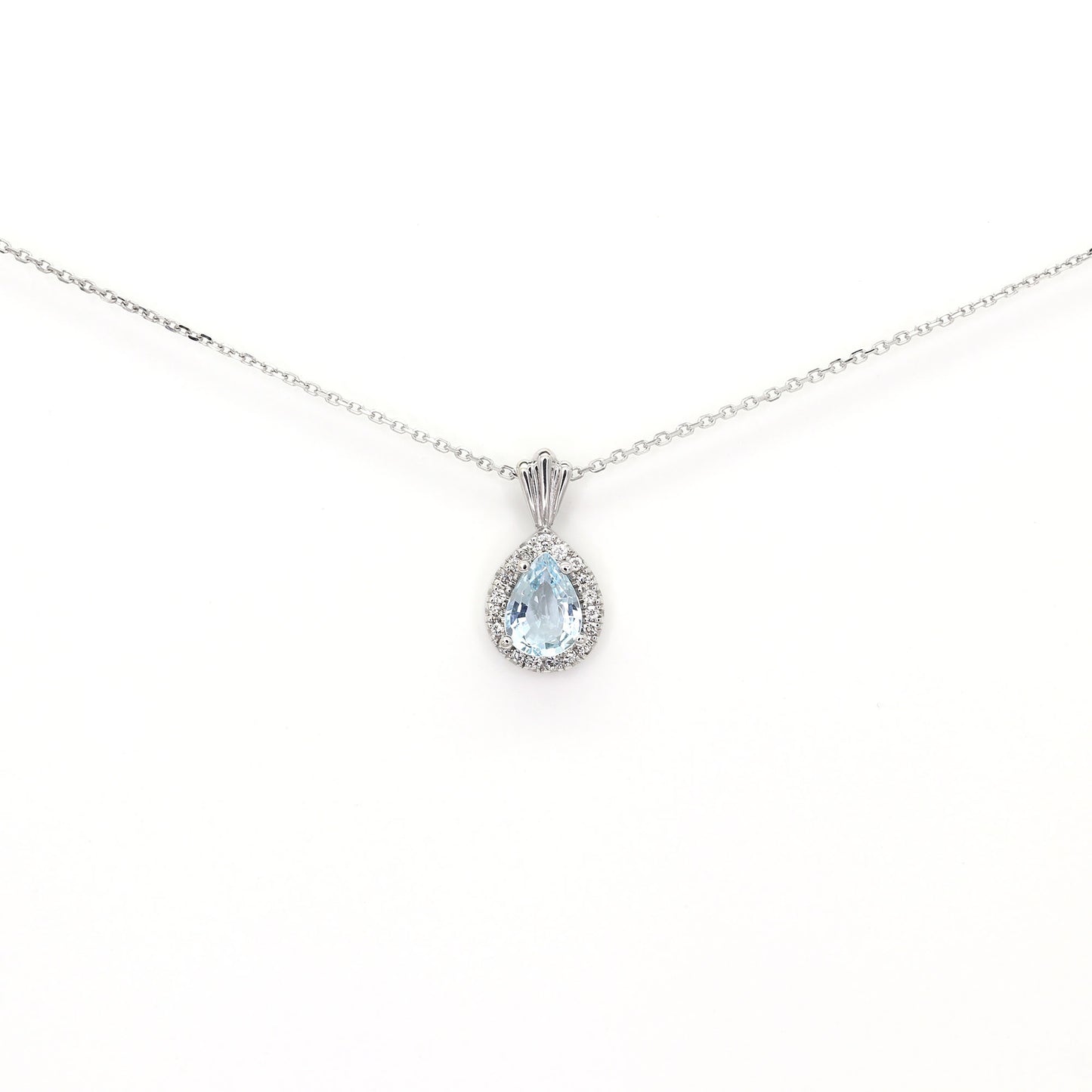 14K PEAR AQUAMARINE DIAMOND HALO NECKLACE