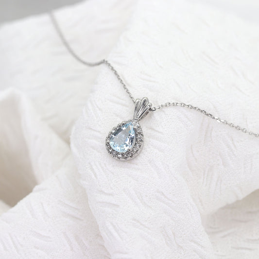 14K PEAR AQUAMARINE DIAMOND HALO NECKLACE