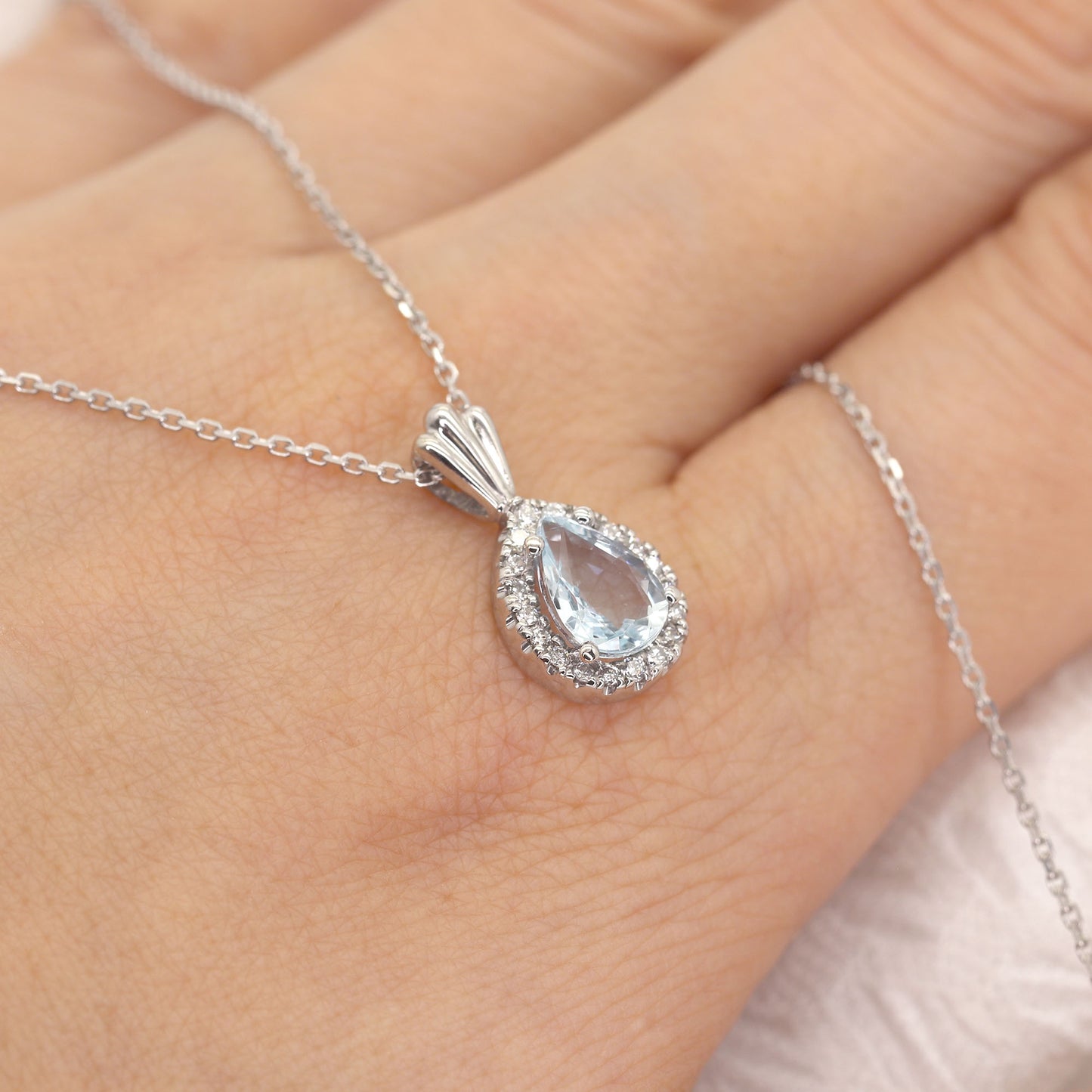 14K PEAR AQUAMARINE DIAMOND HALO NECKLACE