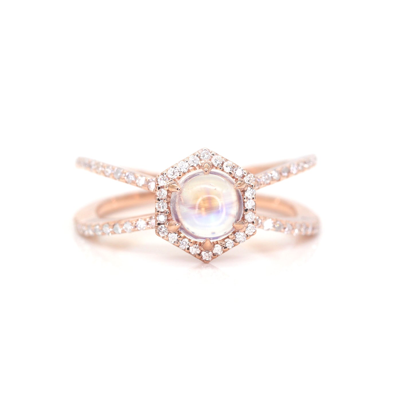 14K MOONSTONE DIAMOND HEXAGON RING