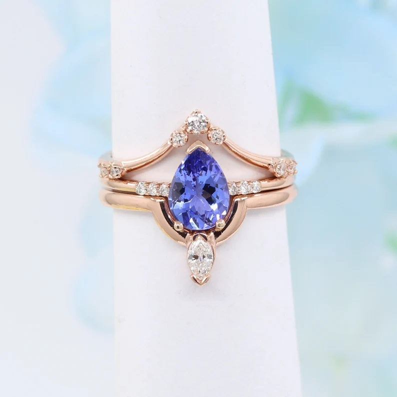 14K PEAR TANZANITE RING MARQUISE DIAMOND CROWN U BAND 3 RING SET