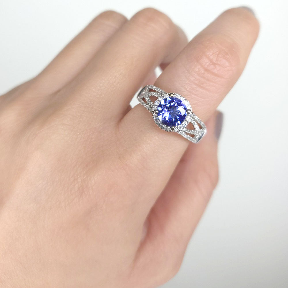 18K WHITE GOLD TANZANITE DIAMOND HALO RING