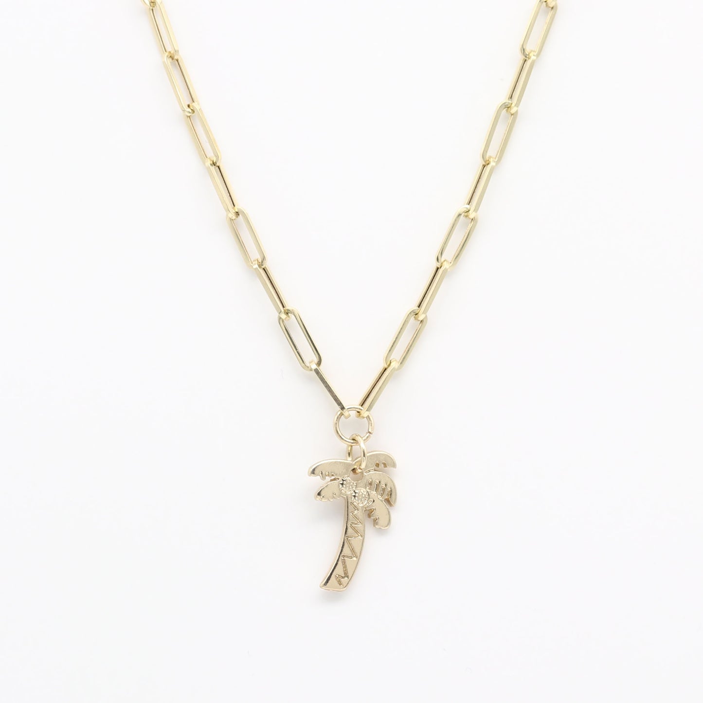 14K YELLOW GOLD PALM TREE PAPER CLIP CHAIN NECKLACE