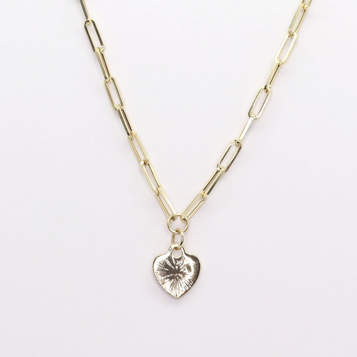 14K YELLOW GOLD HEART PAPER CLIP CHAIN NECKLACE