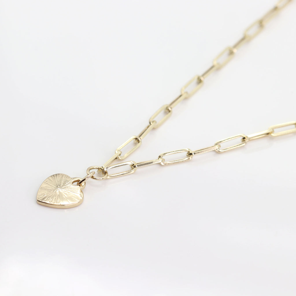 14K YELLOW GOLD HEART PAPER CLIP CHAIN NECKLACE