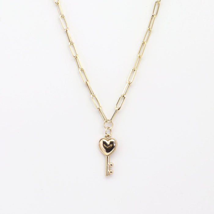 14K YELLOW GOLD HEART KEY PAPER CLIP CHAIN NECKLACE