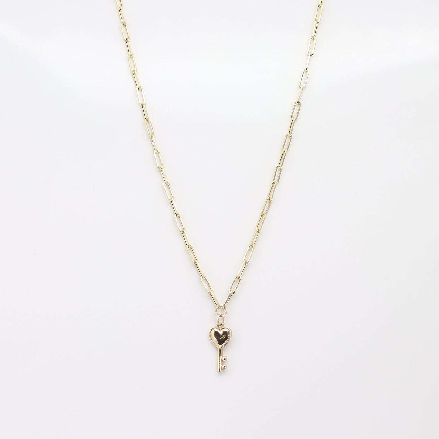 14K YELLOW GOLD HEART KEY PAPER CLIP CHAIN NECKLACE