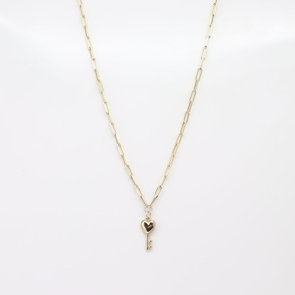 14K YELLOW GOLD HEART KEY PAPER CLIP CHAIN NECKLACE
