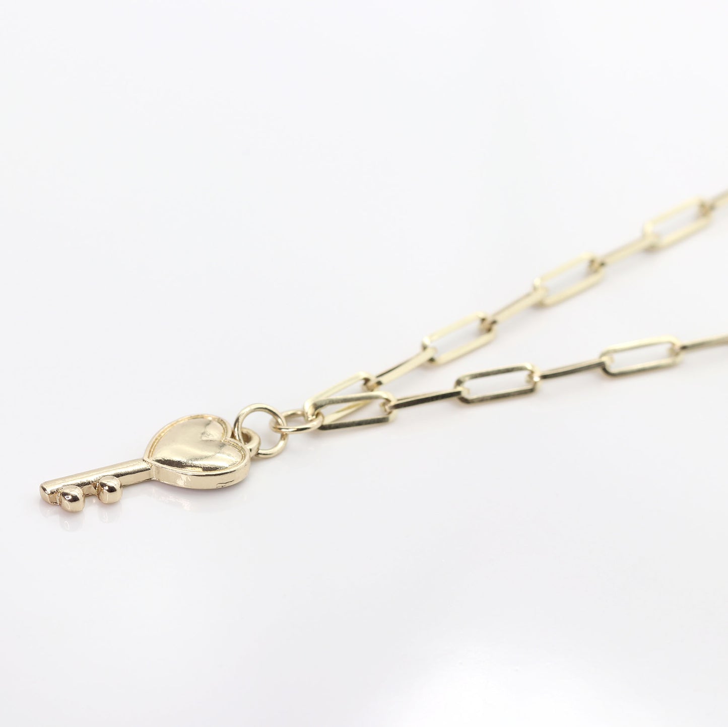 14K YELLOW GOLD HEART KEY PAPER CLIP CHAIN NECKLACE