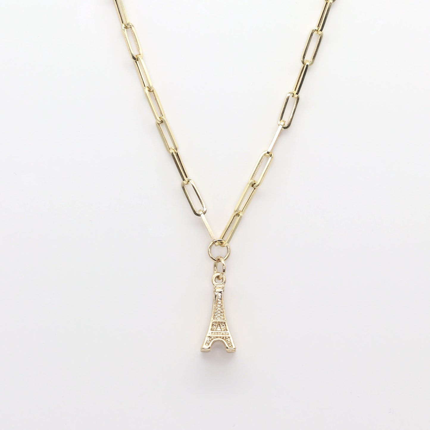 14K YELLOW GOLD EIFFEL TOWER PAPER CLIP CHAIN NECKLACE