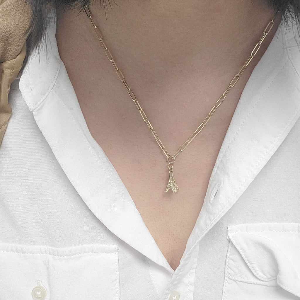 14K YELLOW GOLD EIFFEL TOWER PAPER CLIP CHAIN NECKLACE