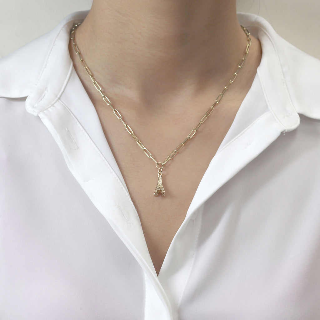 14K YELLOW GOLD EIFFEL TOWER PAPER CLIP CHAIN NECKLACE