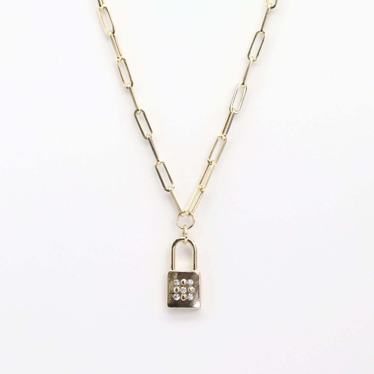 14K YELLOW GOLD DIAMOND LOCK PAPER CLIP CHAIN NECKLACE