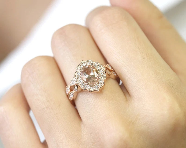 14K MORGANITE DIAMOND FLORAL BRIDAL SET