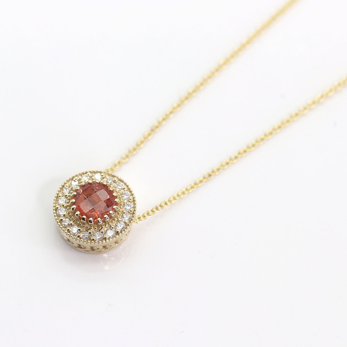 14k SUNSTONE DIAMOND HALO VINTAGE NECKLACE