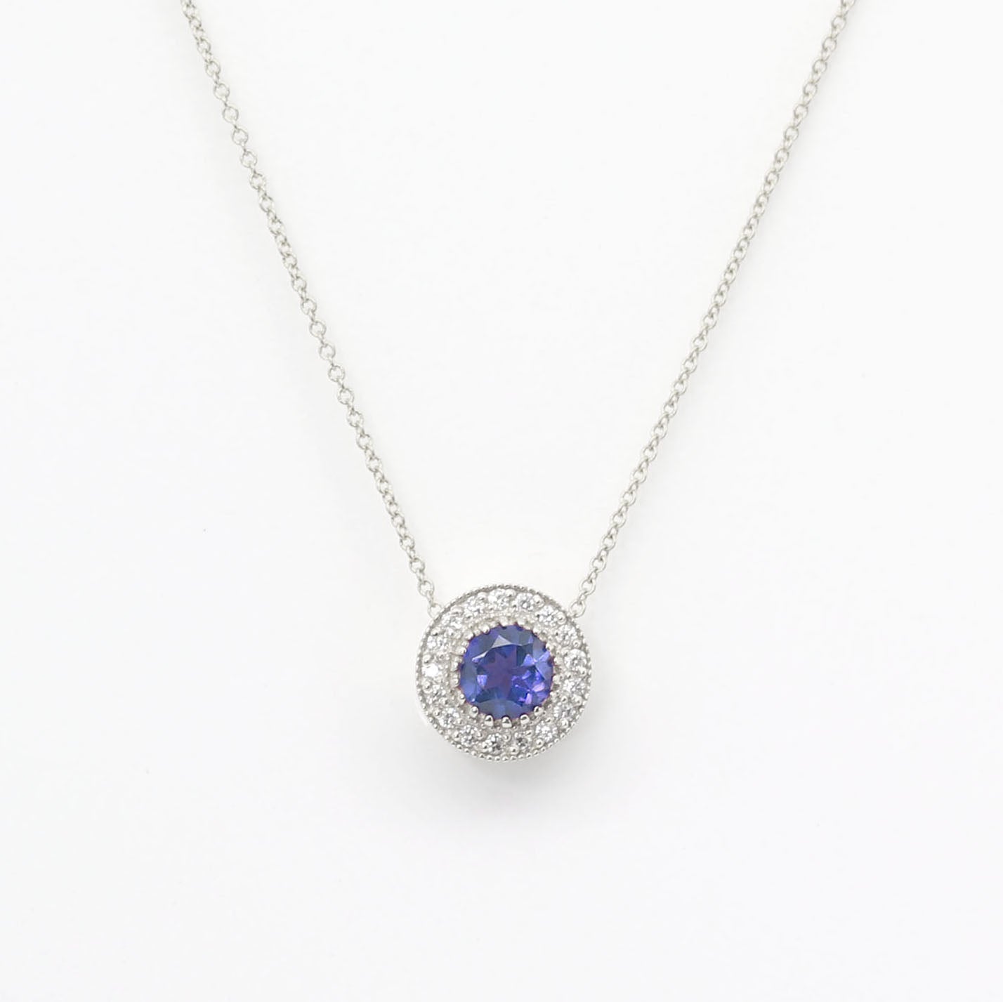 14K TANZANITE DIAMOND HALO VINTAGE NECKLACE