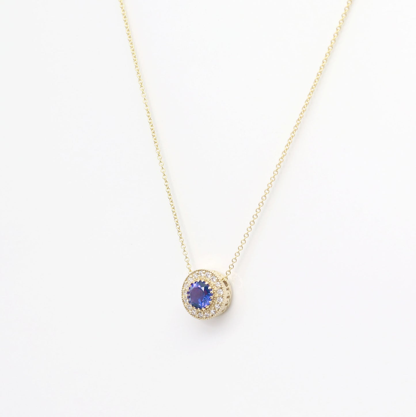 14K TANZANITE DIAMOND HALO VINTAGE NECKLACE