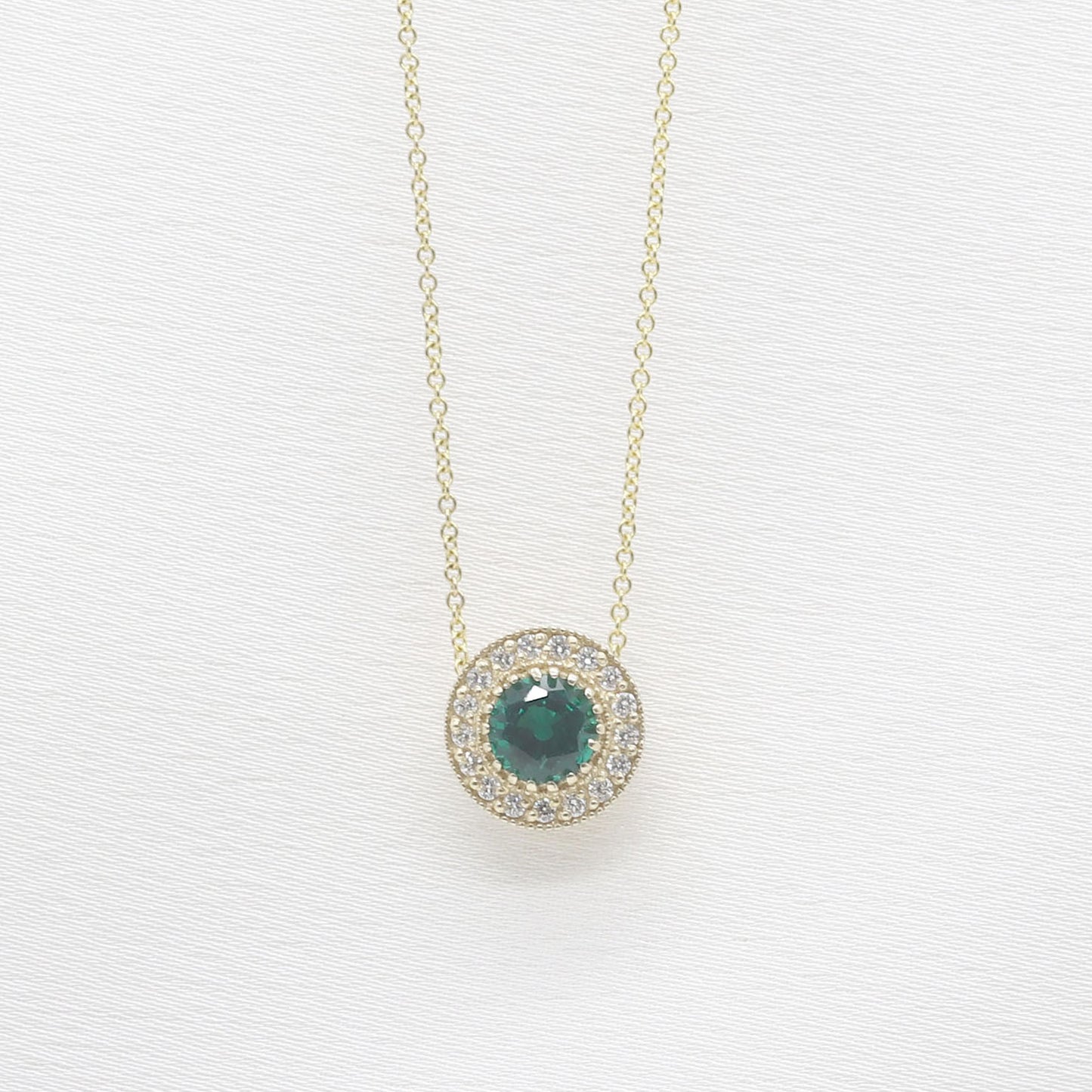 14K LAB EMERALD DIAMOND HALO VINTAGE NECKLACE