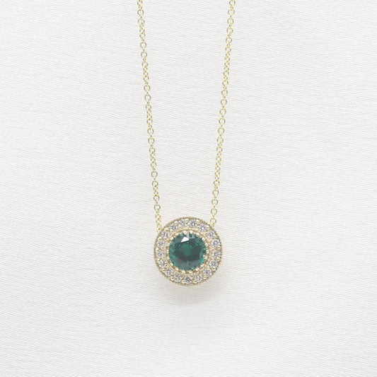 14K LAB EMERALD DIAMOND HALO VINTAGE NECKLACE