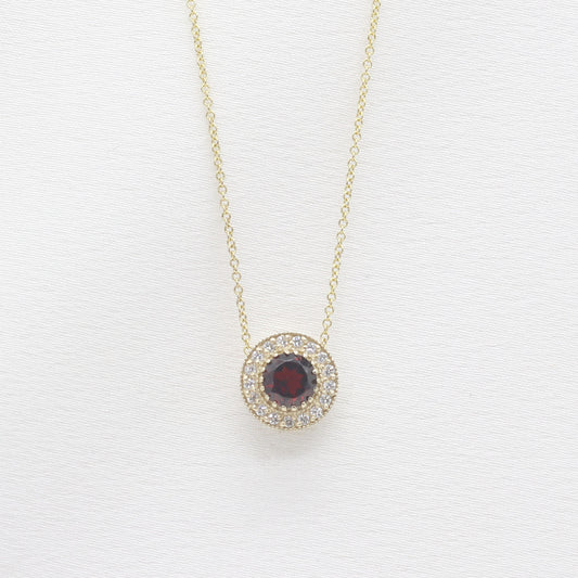 14K GARNET DIAMOND HALO VINTAGE NECKLACE