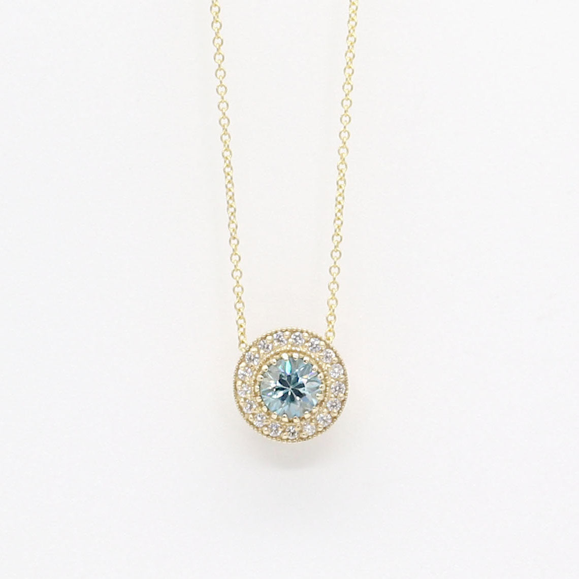 14K BLUE ZIRCON DIAMOND HALO VINTAGE NECKLACE