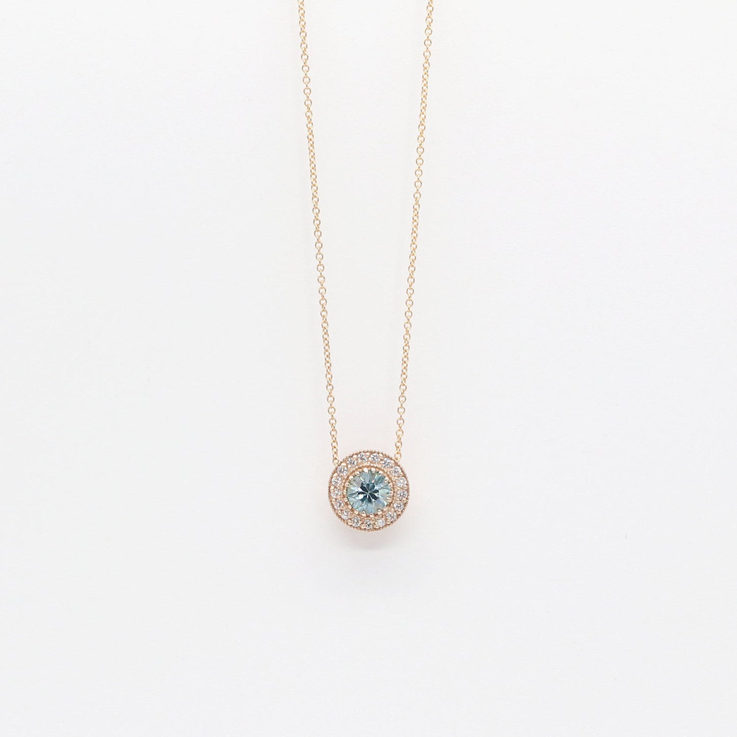 14K BLUE ZIRCON DIAMOND HALO VINTAGE NECKLACE