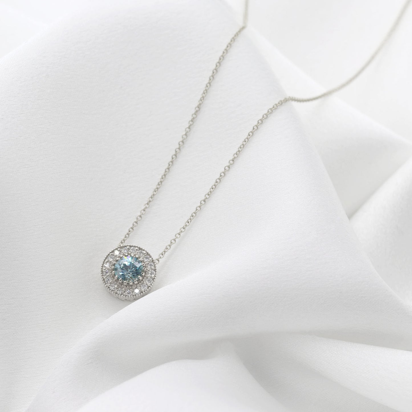 14K BLUE ZIRCON DIAMOND HALO VINTAGE NECKLACE