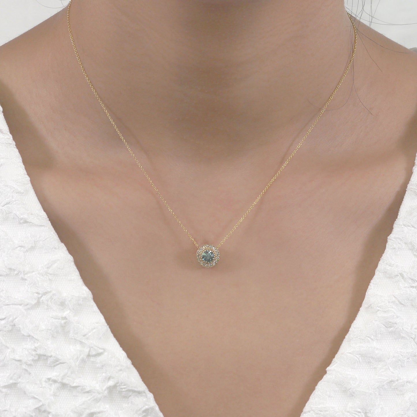 14K BLUE ZIRCON DIAMOND HALO VINTAGE NECKLACE