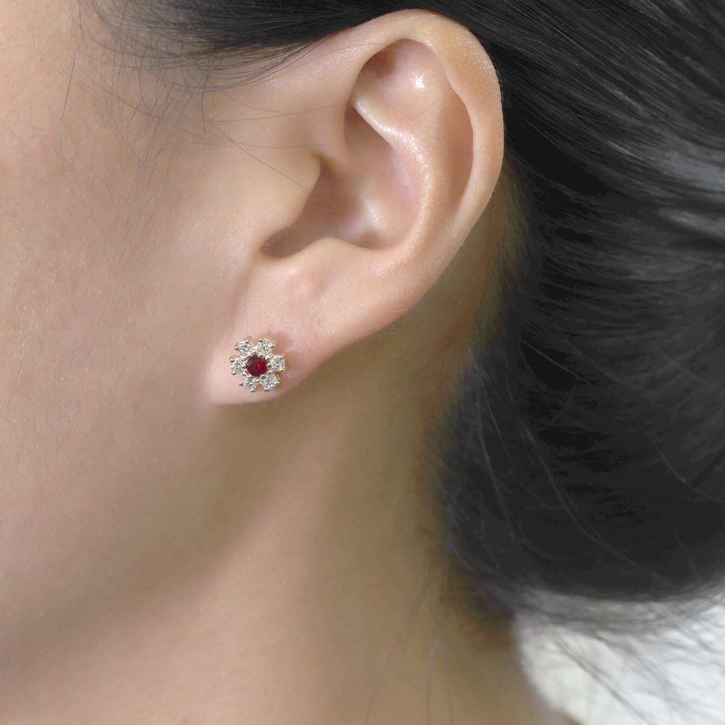 14K RUBY DIAMOND FLOWER EARRING