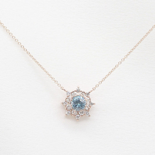 14K BLUE ZIRCON DIAMOND FLOWER NECKLACE