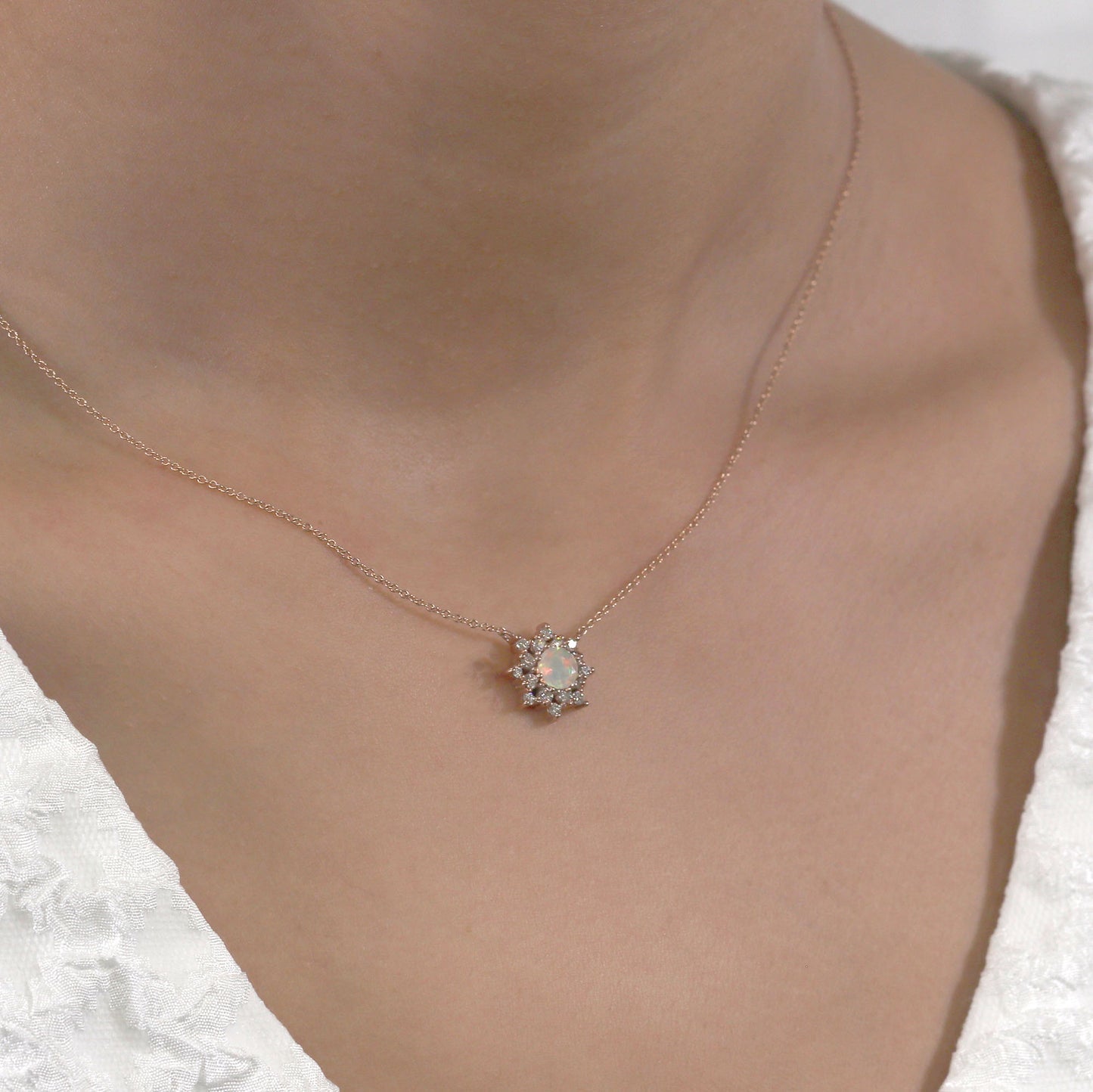 14K OPAL DIAMOND FLOWER NECKLACE