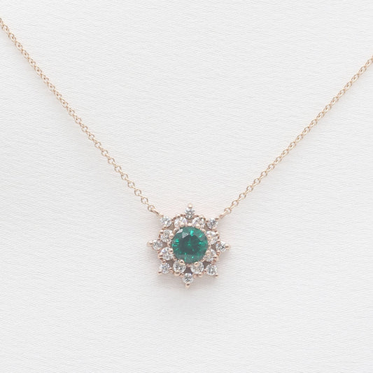 14K LAB EMERALD DIAMOND FLOWER NECKLACE