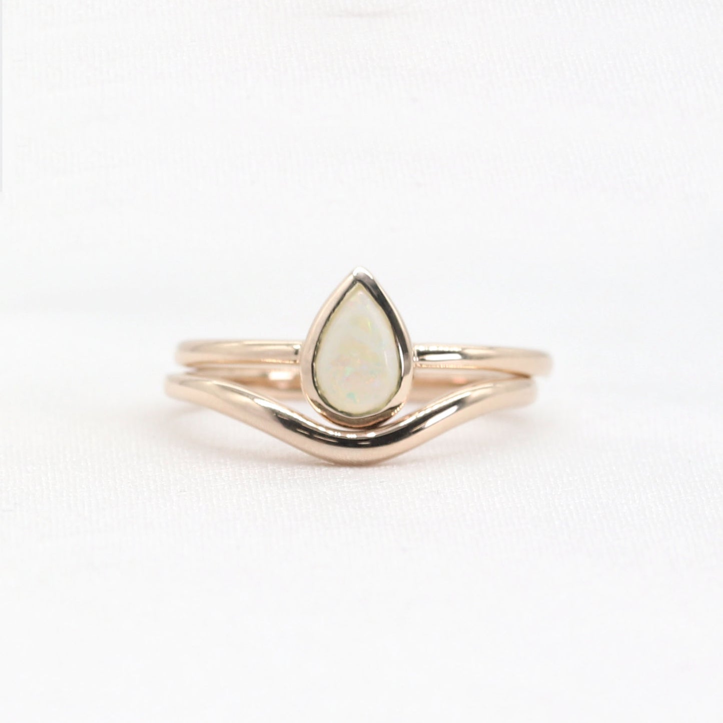 14K PEAR OPAL BEZEL RING PLAIN CURVE BAND 2 RING SET