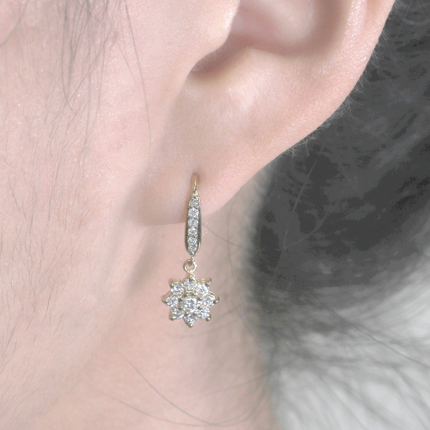 14K DIAMOND FLOWER HOOK EARRING