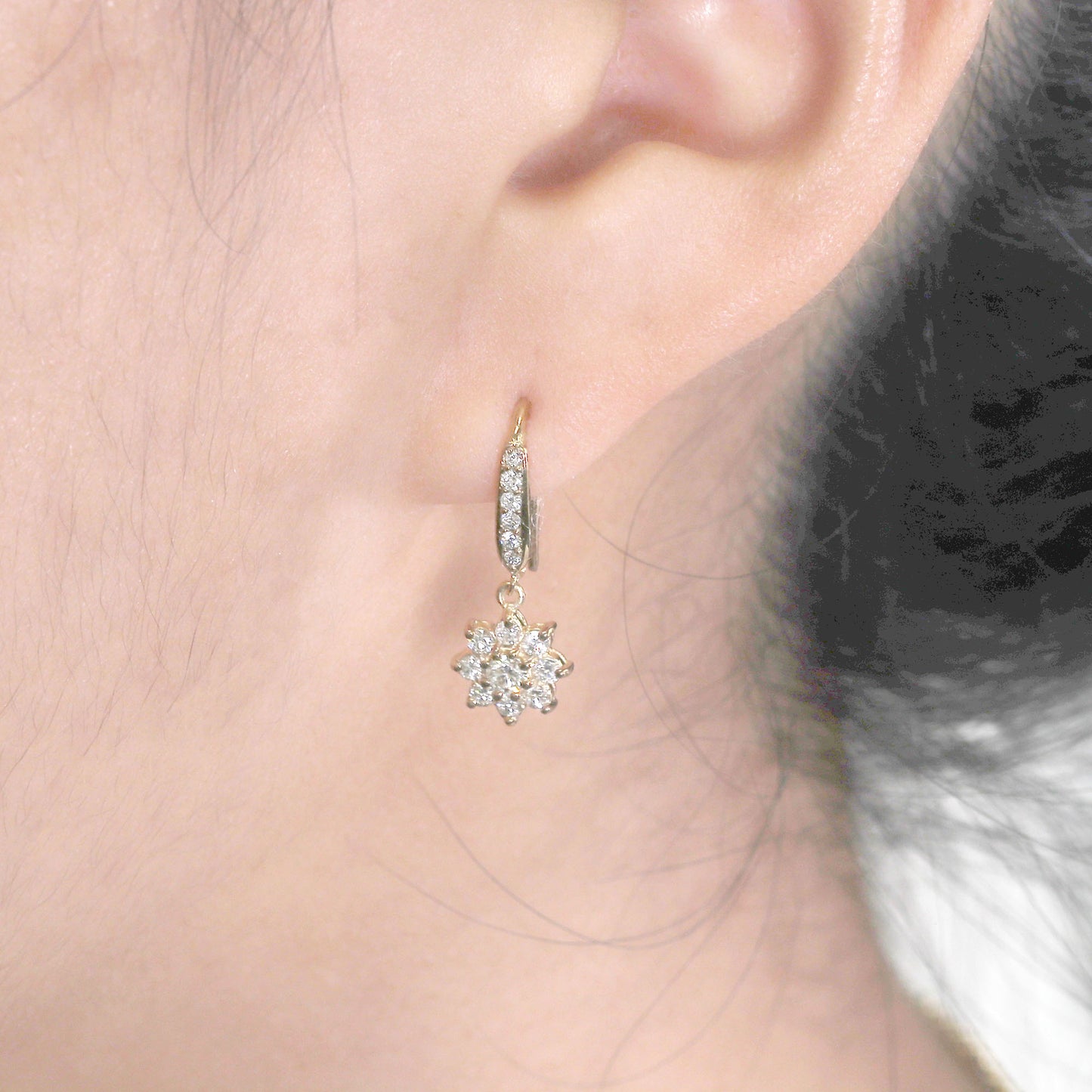 14K DIAMOND FLOWER HOOK EARRING