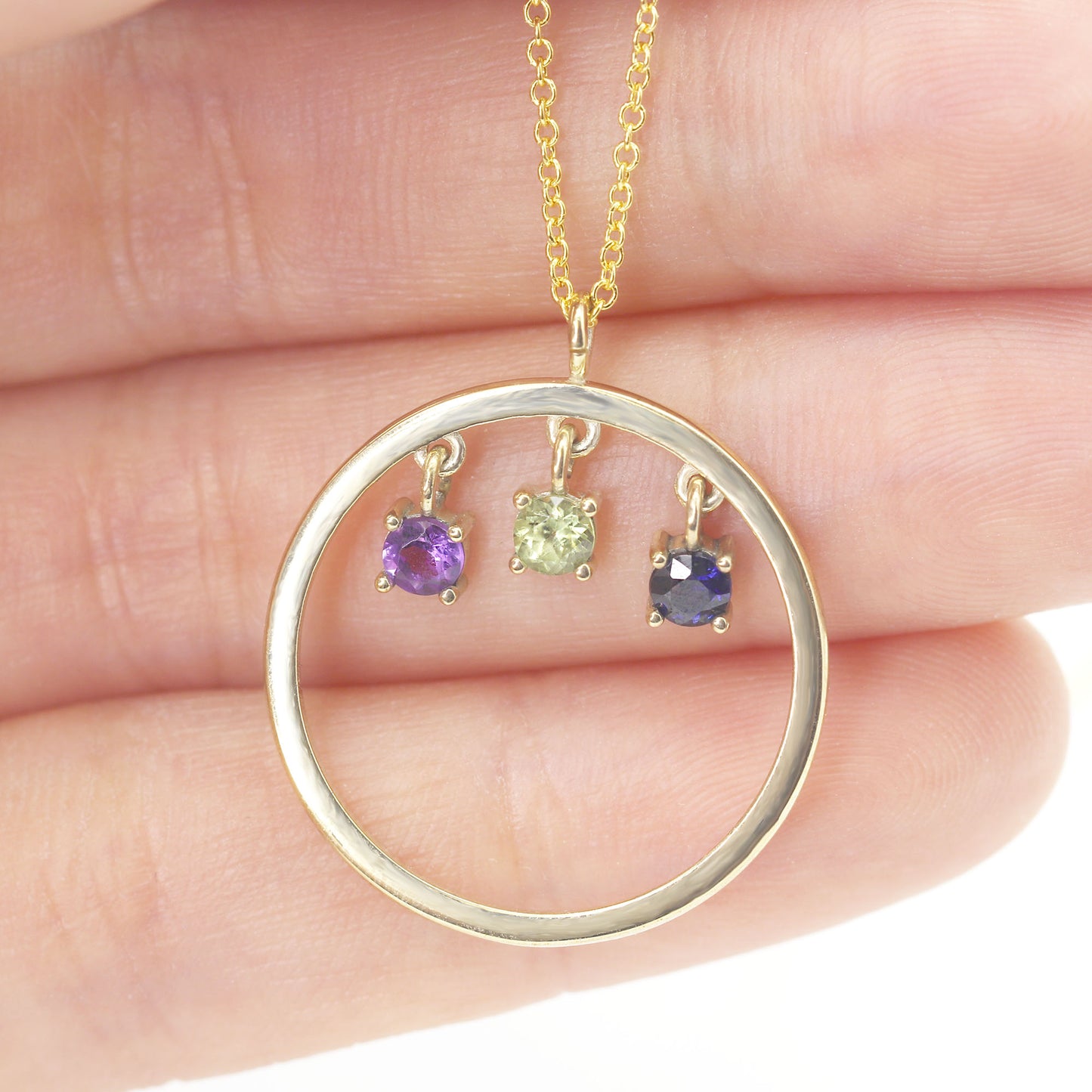 14K TRIPLE BIRTHSTONE CIRCLE NECKLACE (CHOOSE YOUR STONE)